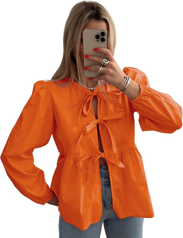 Women's Bow Tie Front Babydoll Blouse Long Sleeve Peplum Ruffle Hem Reversible Shirts Summer Tops | Amazon (US)