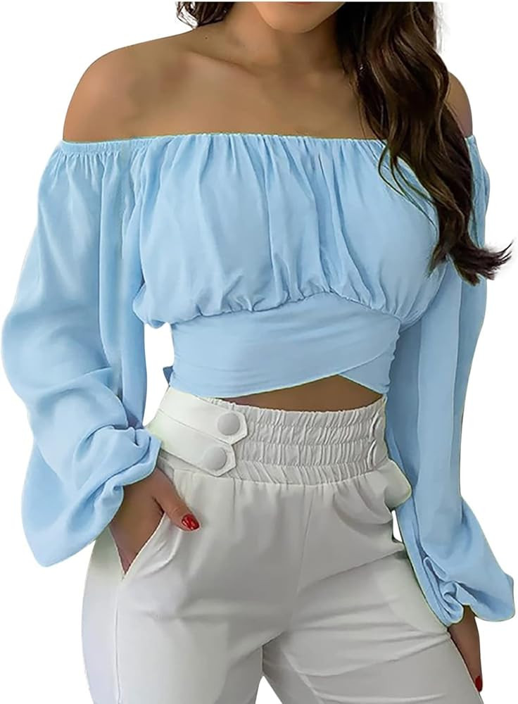 Off Shoulder Crop Top for Women Lantern Sleeve Waist Tie Blouse S-2XL | Amazon (US)