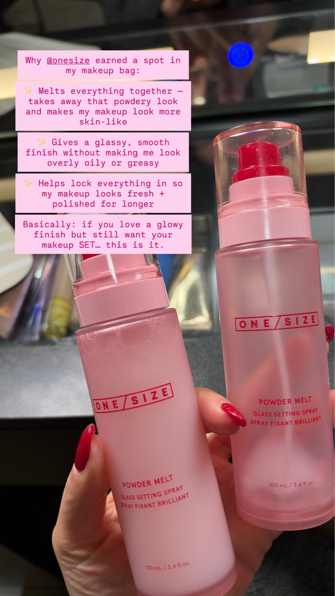 Why it earned a spot in my makeup bag:

✨ Melts everything together — takes away that powdery look and makes my makeup look more skin-like

✨ Gives a glassy, smooth finish without making me look overly oily or greasy

✨ Helps lock everything in so my makeup looks fresh + polished for longer

Basically: if you love a glowy finish but still want your makeup SET… this is it.
