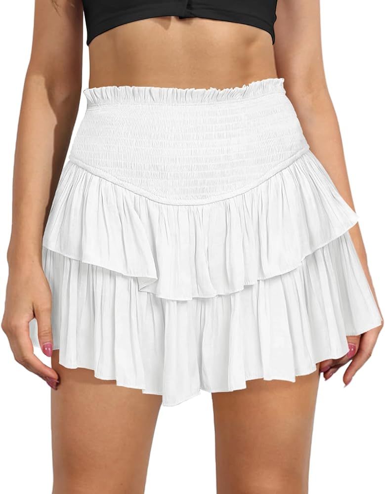 Women's Cute High Waist Ruffle Mini Skirt Layered Ruffle Hem Flared Flowy Casual Swing Beach Mini... | Amazon (US)