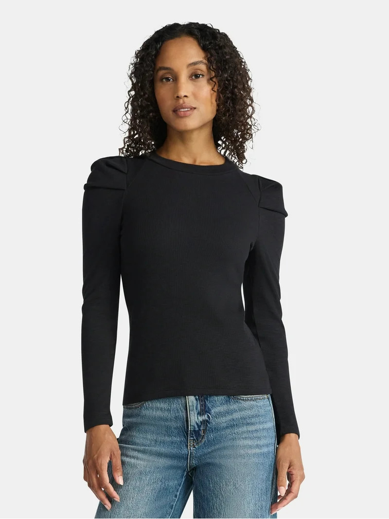Time and Tru Women's Top with Long Puff Sleeves, Size XS-XXXL | Walmart (US)