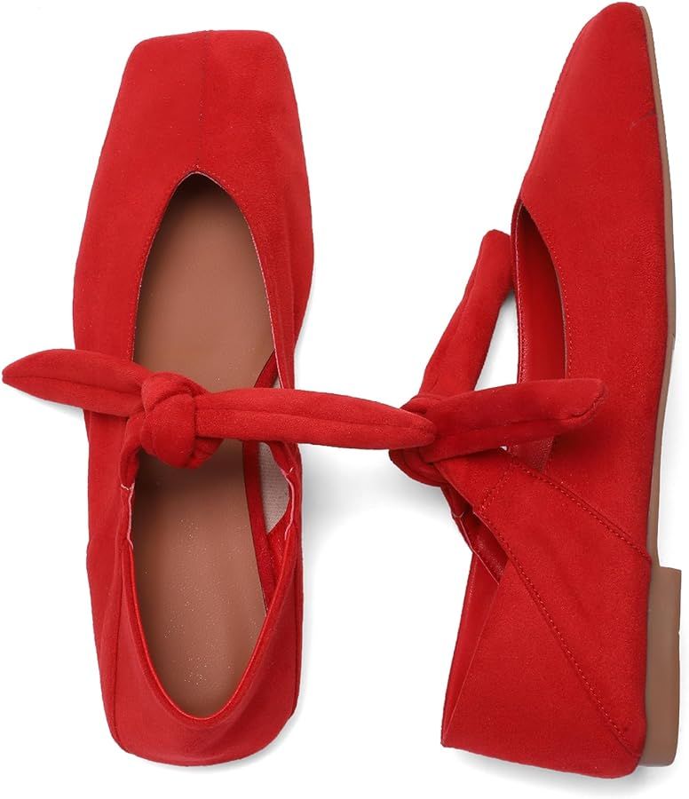Square Toe Ballet Flats for Women Bow Mary Jane Flats Slip On Dress Ballerina Shoes | Amazon (US)