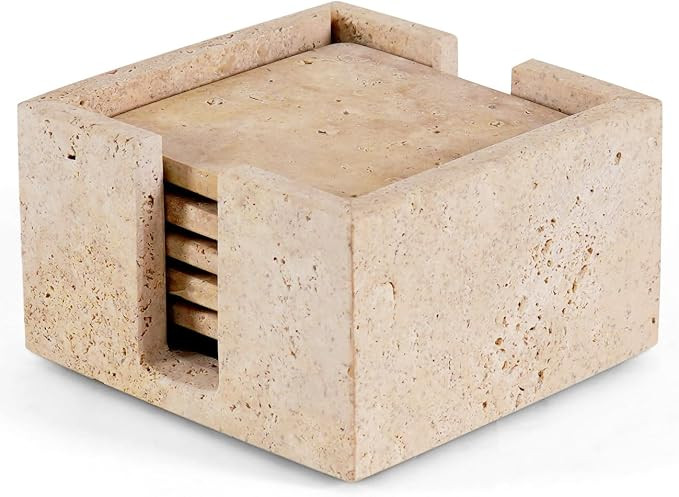 Marble Coasters Set of 6 Handmade 3.5 Inch Square Travertine Coaster for Drinks with Holder - Ide... | Amazon (US)