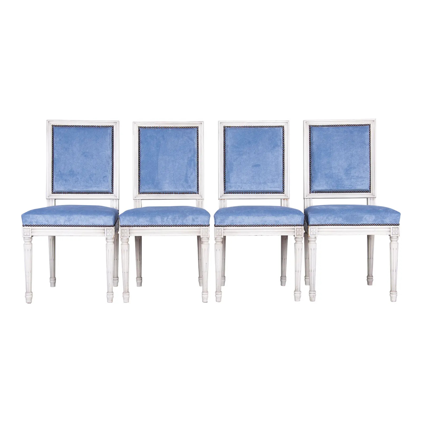 French Louis XVI Style Square Back Painted Dining Chairs W/ Blue Velvet - Set of 4 | Chairish