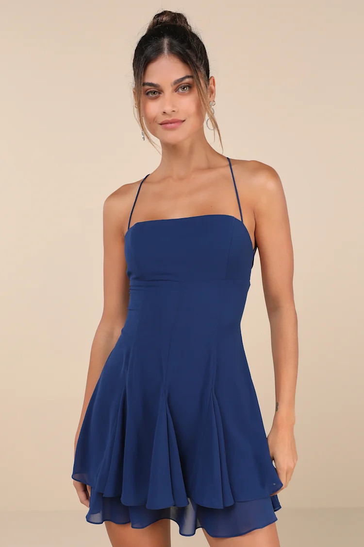 Perfected Sweetness Dark Blue Pleated Tiered Mini Dress | Lulus