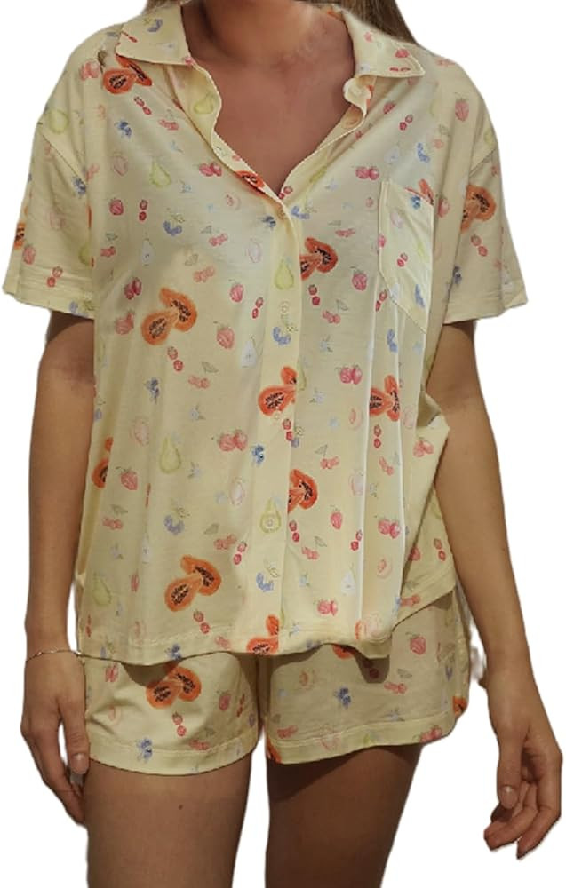 Seyurigaoka Women 2 Piece Floral Pajamas Set Y2k Long Sleeve Button Down Shirt Side Split Shorts ... | Amazon (US)