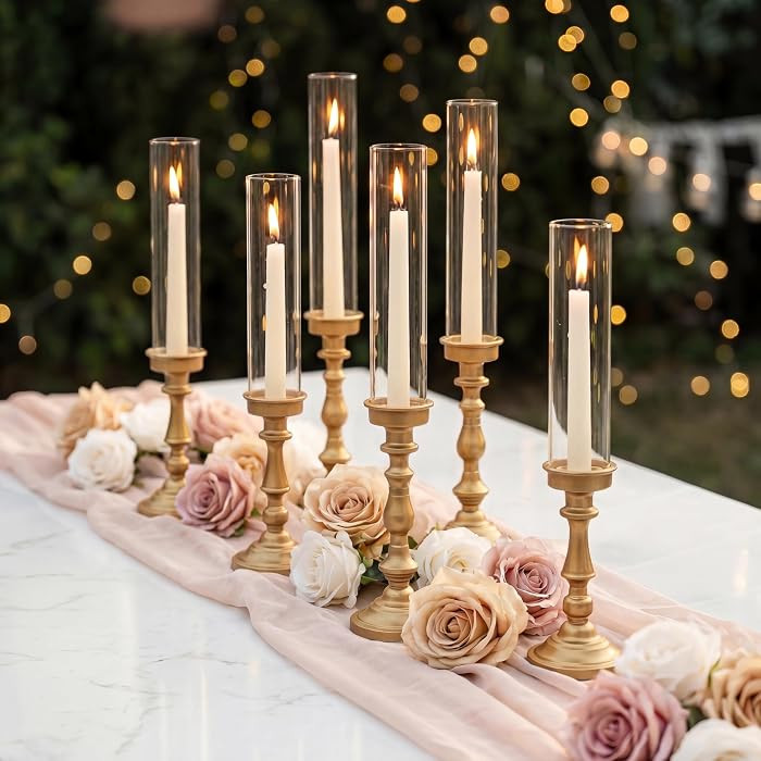 NUPTIO Gold Candlestick Holders Bulk: Set of 6 Tall Hurricane Glass Taper Candleholders - Vintage... | Amazon (US)
