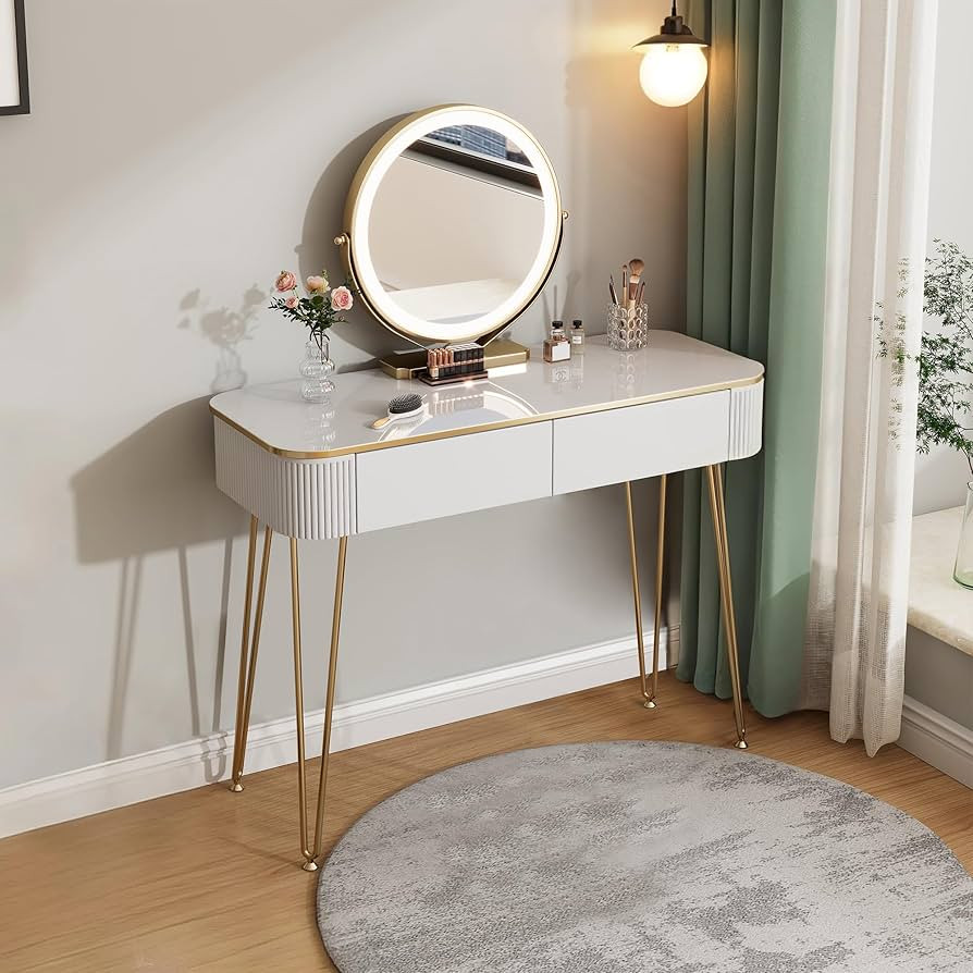 Furnistar Small Vanity Desk with Round Mirror and Lights| 39" Modern Vanity Table with 2 Drawers|... | Amazon (US)