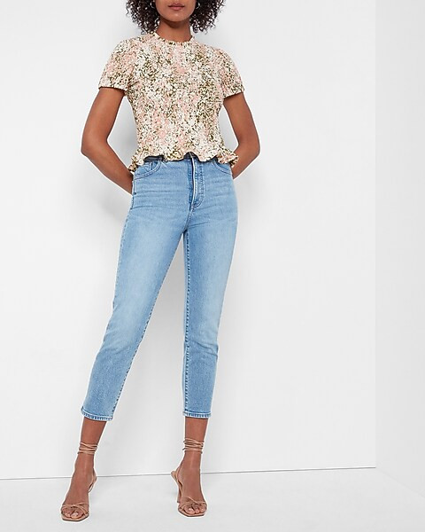 Abstract Print Smocked Peplum Top | Express