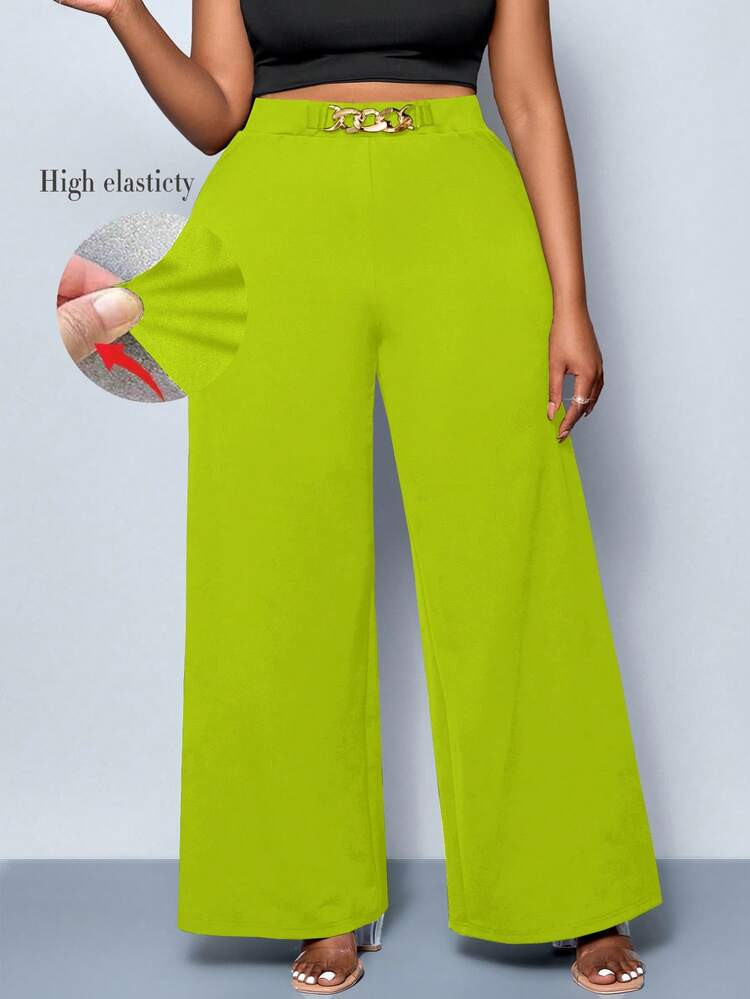 Plus Size Women's Solid Color Belt Details Wide Leg Pants, Pants, All Season Styles, Parties, Concerts, Commuting Daily Styles, Music Festivals, Romance, Valentine's Day, Vacations, Green Pants For Women Flare Pants Plus Size High Waist Wide Leg Pants Lime Green Wide Leg Pants Plus Size Wide Leg Pant | SHEIN