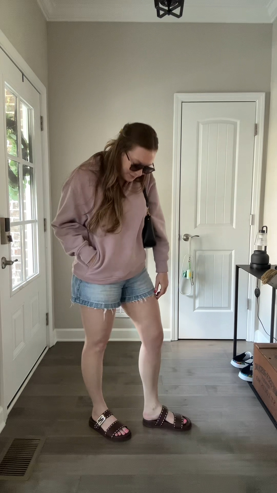 Affordable brown sunglasses 
Black shoulder bag 
Quarter zip sweatshirt with pockets / tts wearing a small
Aline shorts / tts wearing a 29
Two strap sandals / tts

#LTKdayinmylife #LTKActive #LTKootd