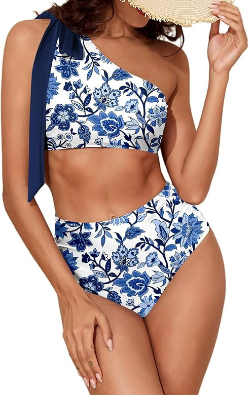 Herseas Women's One Bow Shoulder Bikini Sets 2 Piece Ruched Swimsuit Elegant Bathing Suit | Amazon (US)