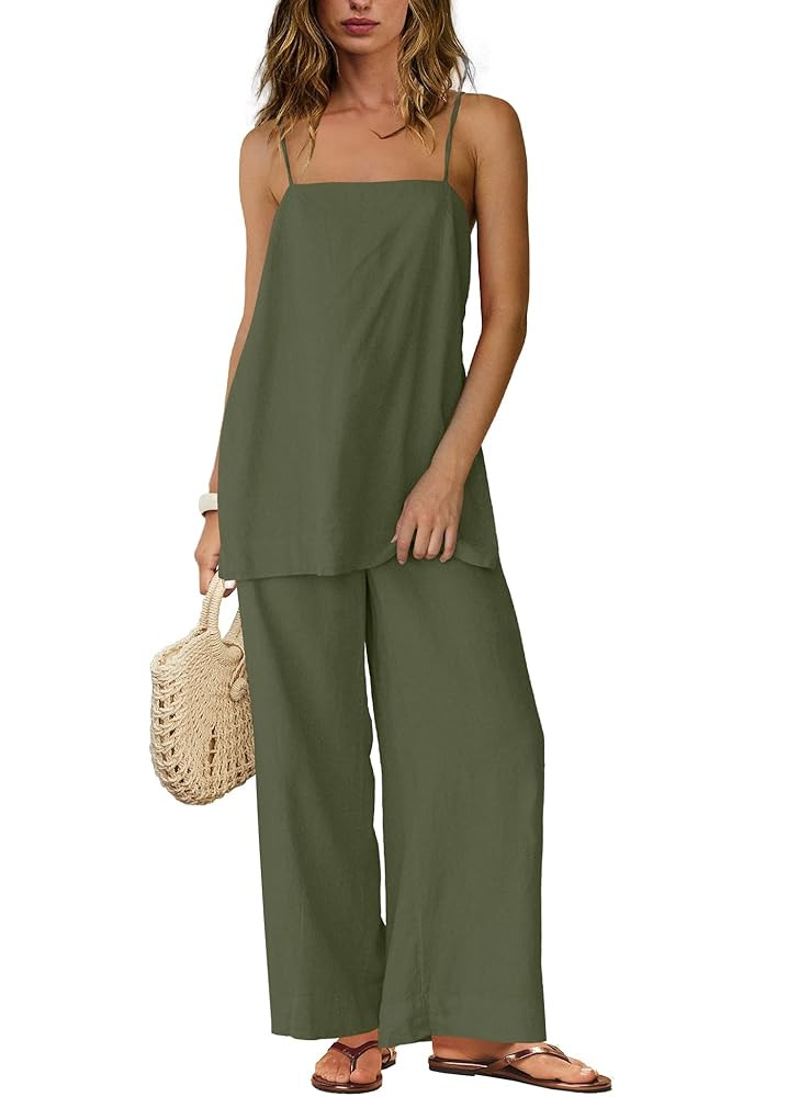SENSERISE Womens Linen Set Two Piece Set Summer Beach Vacation Outfits Spaghetti Strap Tank Top a... | Amazon (US)