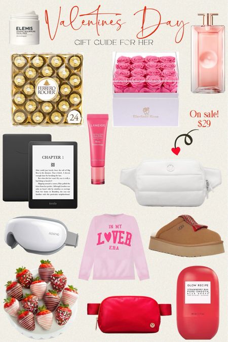 Valentine's Day gift guide for her
Valentine's Day Gift idea for her

Ferrero Rocher, 24 Count, Premium Milk Chocolate Hazelnut, Valentine's Chocolate Gift Box / Eterfield Forever Flowers Preserved Flowers 16 pieces / LANEIGE Lip Glowy Balm Berry / A Gift Inside The Original Love Berries Dipped Strawberries - 12 Berries / Amazon Kindle Paperwhite / Glow Recipe Strawberry BHA Pore-Smooth Blur Drops - Silicone-Free, Oil-Free - BHA Primer Face Makeup Pore Minimizer / Lululemon Everywhere Belt Bag Large 2L
Wunder Puff / Lululemon Lunar New Year Everywhere Belt Bag 1L / UGG Tazzle Platform Clog / Lancôme Idôle Eau de Perfum / ELEMIS Dynamic Resurfacing Facial Pads | Gentle Dual-Action Textured Treatment Pads Conveniently Smooth, Resurface, and Exfoliate Skin / RENPHO Eyeris 1 Eye Massager with Heat, Heated Eye Mask with Bluetooth Music for Migraine / Pink Lily IN MY LOVER ERA LIGHT PINK OVERSIZED GRAPHIC SWEATSHIRT

#valentines #valentinesday #giftguide #giftforher #lancome #amazon #elemis #laneige #pinklily #lululemon #beltbag #gabrielapolacek #xoxo #love 

#LTKGiftGuide #LTKMostLoved #LTKSeasonal