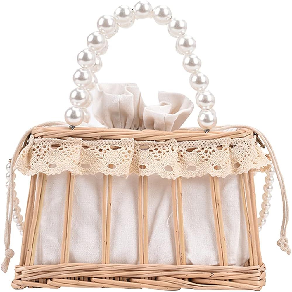 Pearl Handle Rattan Handbag, Straw Shoulder Bag Tote Bags, Mini Basket Handbag | Amazon (US)