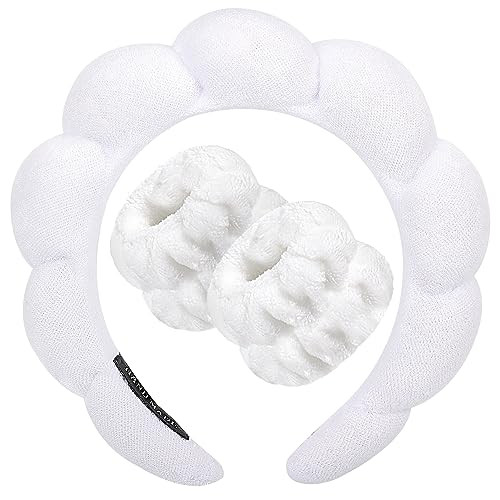 Zkptops Spa Headband for Washing Face Wristband Set Sponge Makeup Skincare Headband Terry Cloth Bubble Soft Get Ready Hairband for Women Girl Puffy Padded Headwear Non Slip Thick Hair Accessory(White) | Amazon (US)