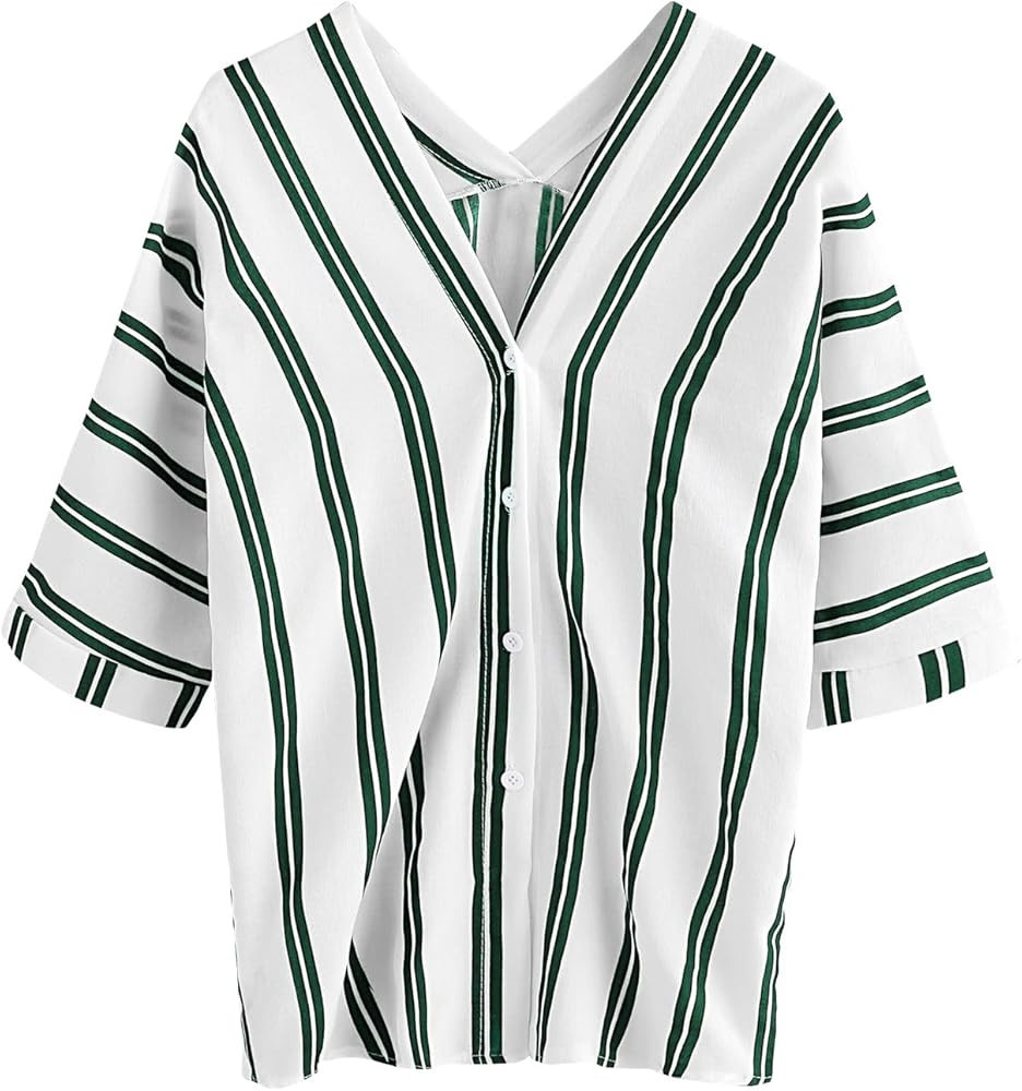 MAKEMECHIC Women's Half Sleeve V Neck Vertical Striped Summer Casual Blouse Top Green M | Amazon (US)