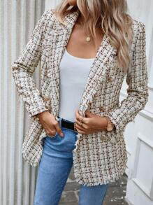 SHEIN Clasi Plaid Pattern Raw Trim Lapel Collar Tweed Blazer | SHEIN