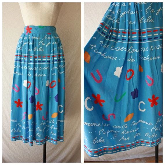 80s 90s Alphabet & French Script Novelty Print Rayon Skirt - Etsy | Etsy (US)