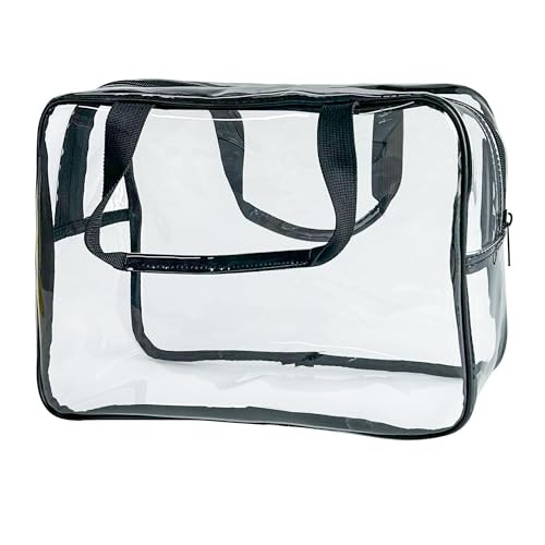 TotePrint PVC Clear Pure Color Transparent Large Zipper Cosmetic Pouch Travel Makeup Cosmetic Bag with Handle for Travel Bathroom Toiletry Organizer (Clear+Black Handle) | Amazon (US)