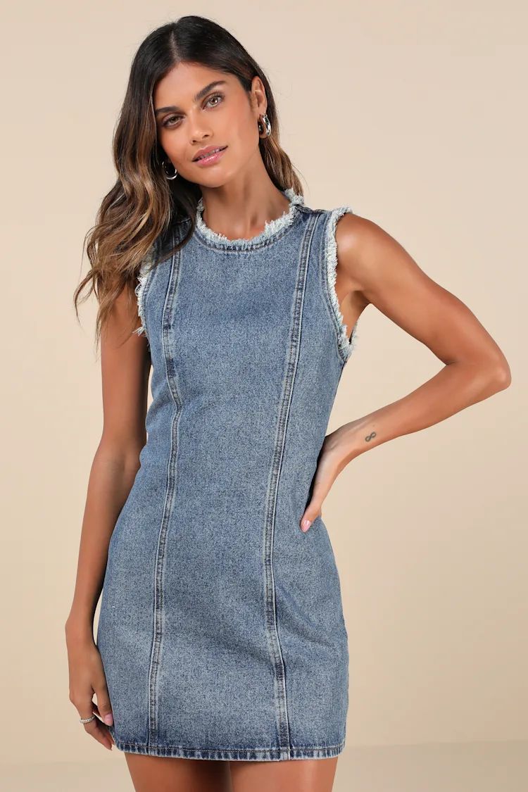 Solara Medium Wash Denim Raw Edge Shift Mini Dress | Lulus