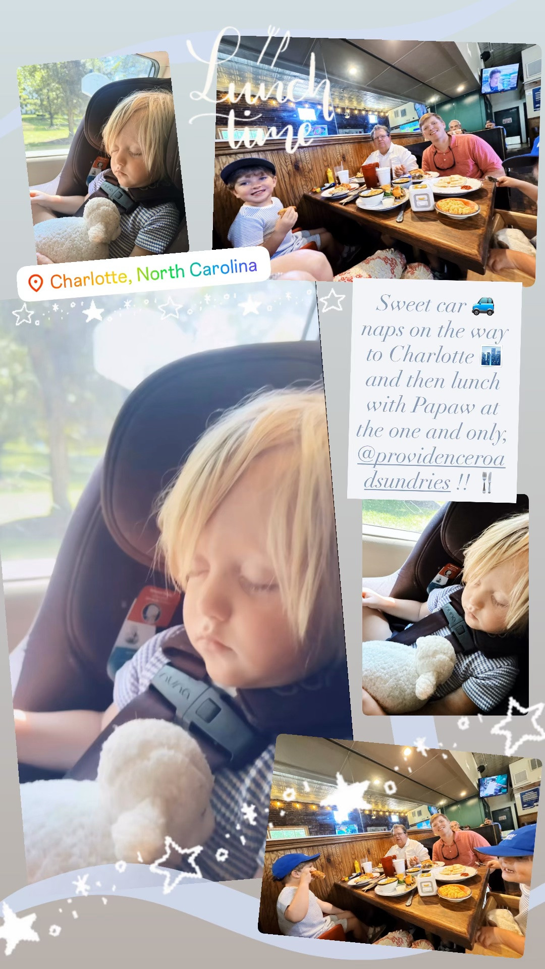 Sweet car 🚙 naps on the way to Charlotte 🏙️ and then lunch with Papaw at the one and only, @providenceroadsundries !! 🍴