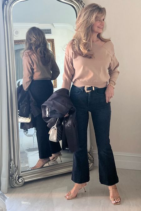 Jeans I love these super high rise VB denim,  They have just enough stretch to fit perfectly and not bag out!!! I also love this easy pull on sweater chic and comfortable for a casual date night ❤️I paired with my VB leather jacket in brown.. I also wore my best easy throw on gold Cult Gaia with my TB handbag and this very affordable black belt. 
Easy comfort simple elegance! 

#LTKstyletip
