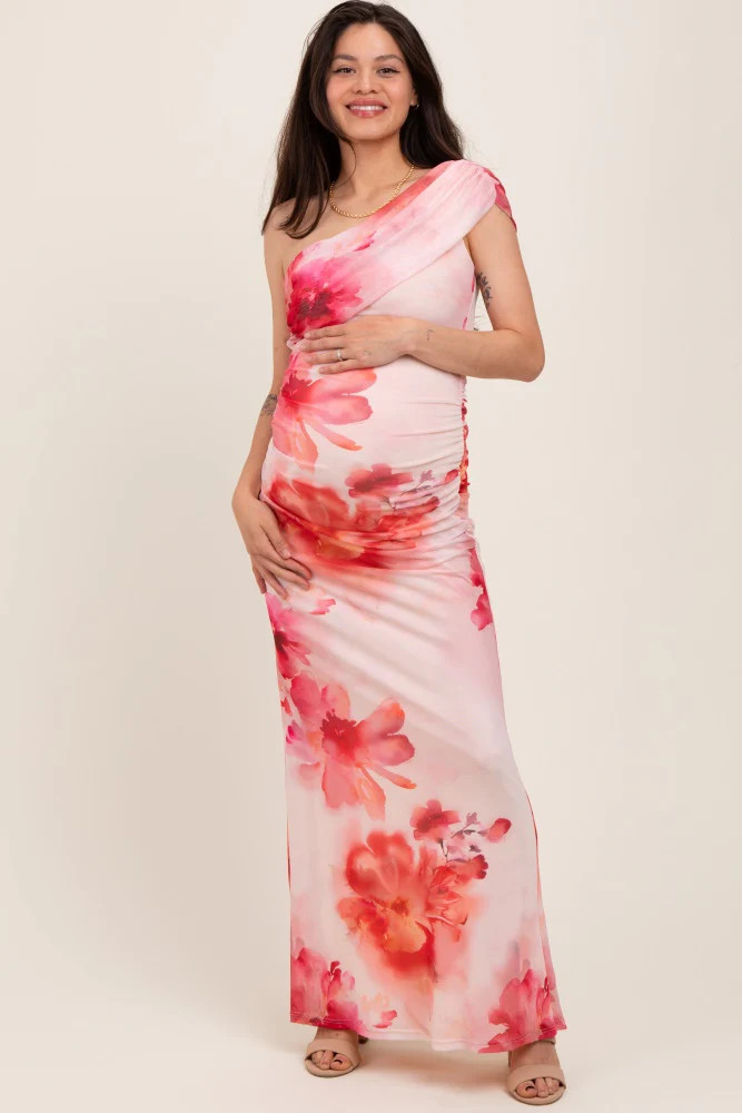 Light Pink Floral One Shoulder Ruched Maternity Maxi Dress | PinkBlush Maternity
