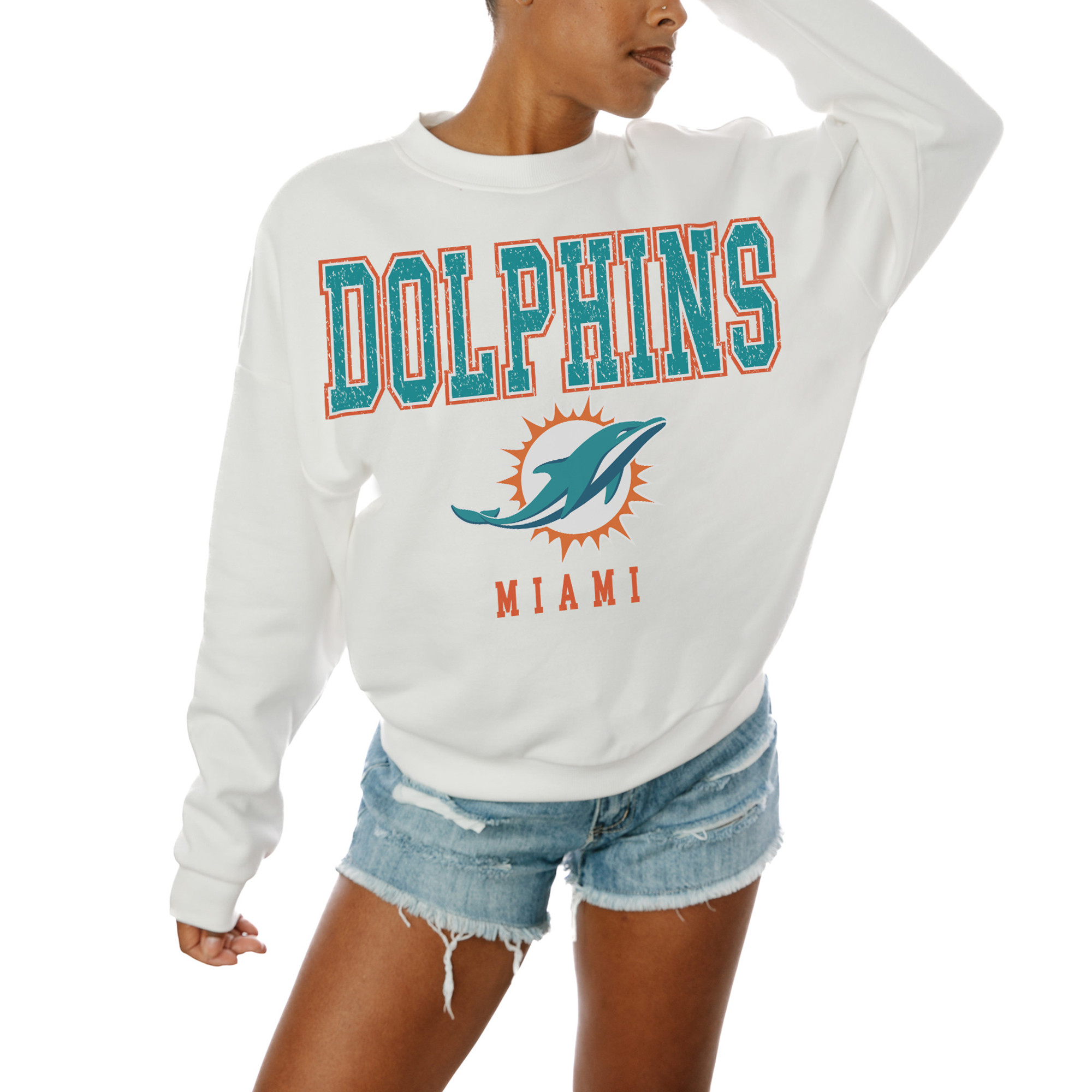 Women's Gameday Couture White Miami Dolphins Sunday Drives Oversized Crewneck Pullover Sweatshirt | Fanatics