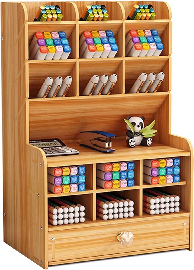 Marbrasse Upgraded Wooden Pencil Holder, Pen Organizer for Desk with 15 Compartments + Drawer, De... | Amazon (US)