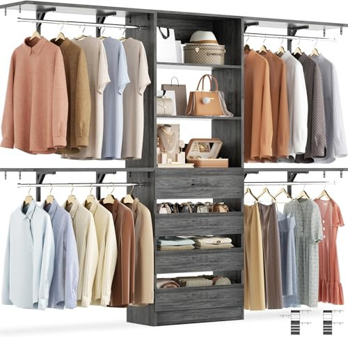 Aheaplus Closet System with 4 Drawers, 8FT Wood Closet Organizer System, 96’’ Closet Built In System Tower with Shelves, Walk-in Closet Wardrobe Clothes Garment Rack, Fits Spaces 4-9 ft, Black Oak | Amazon (US)