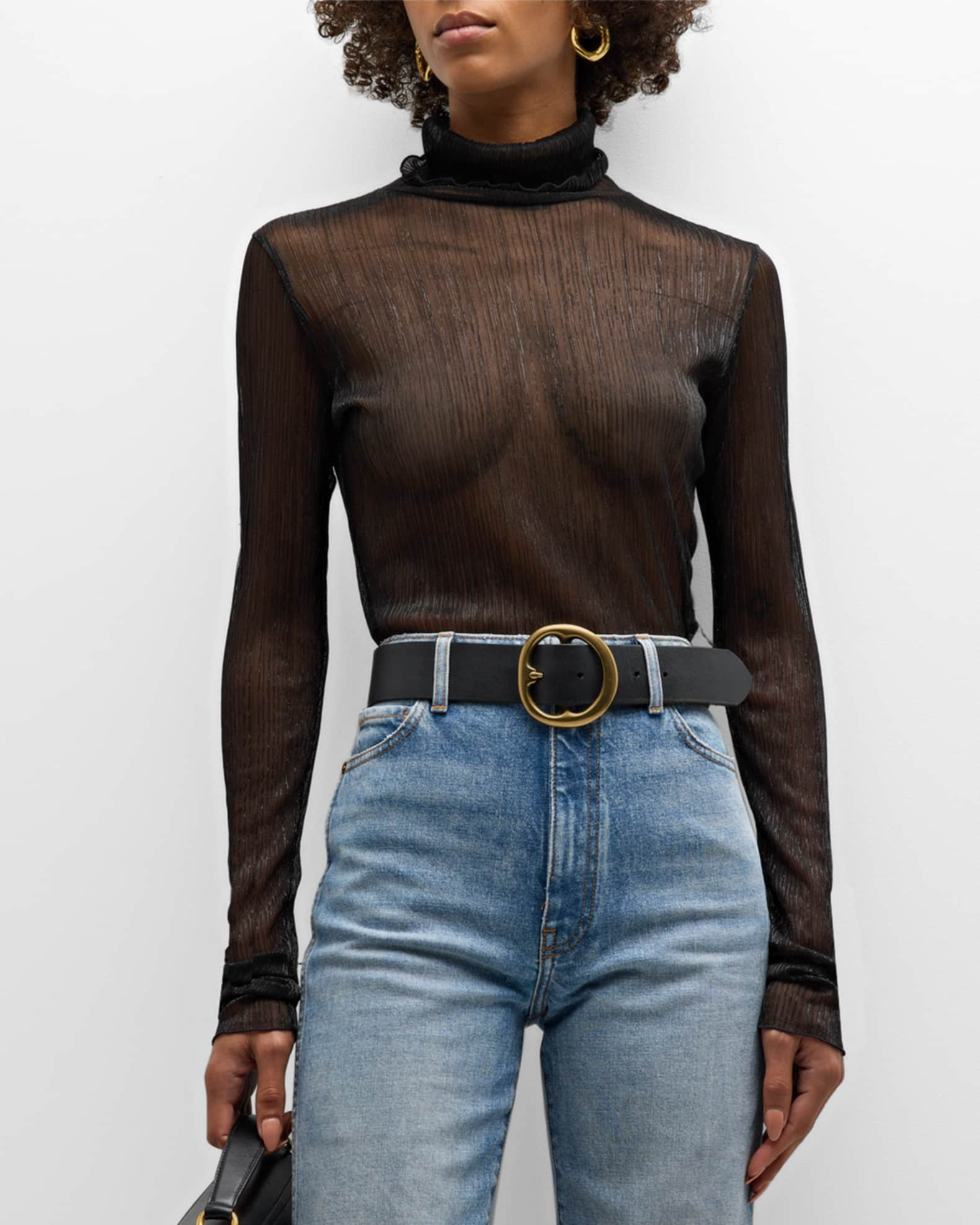 RECTO Sparkly Sheer Pleated Turtleneck Top | Neiman Marcus
