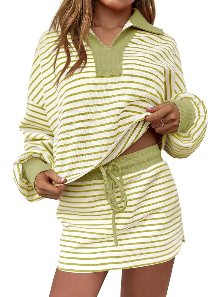Fisoew Womens Striped 2 Piece Outfits Casual Sweatshirt Skirt Set Long Sleeve Skort Workout Set M... | Amazon (US)