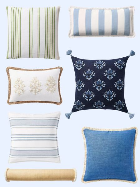 The prettiest pillows for a spring update for your home. Striped pillows, embroidered pillows, blue and white pillows on sale 

#LTKsalealert #LTKhome