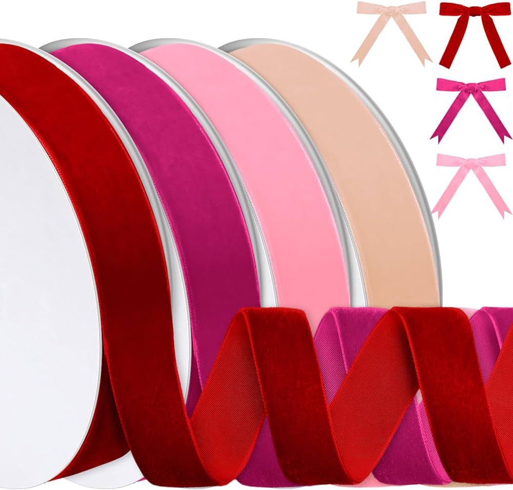Wesnoy 4 Rolls 60 Yards Valentine's Day Velvet Ribbon Velvet Ornaments Gradient Pink Velvet Ribbo... | Amazon (US)