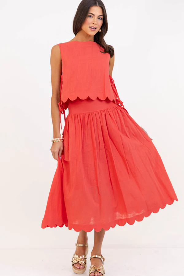 For The Day Ahead Coral Scalloped Midi Skirt | The Mint Julep Boutique