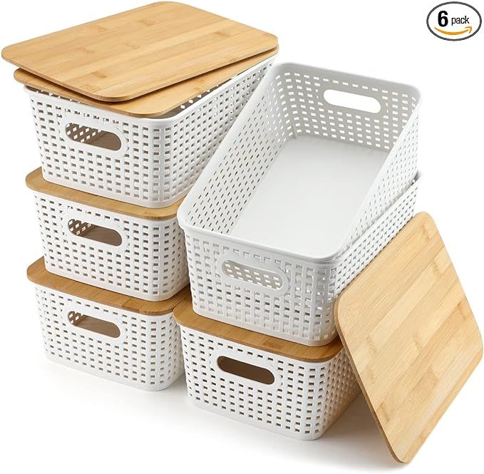Set of 6 Storage Baskets With Bamboo Lids, Plastic Storage Bins for Pantry Organization and Stora... | Amazon (US)