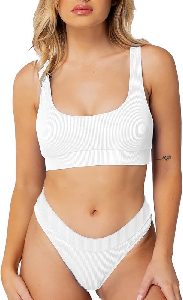 High Waisted Bikini Sets for Women Ribbed Two Piece Swimsuit Scoop Neck Crop Top High Cut Bathing Su | Amazon (US)
