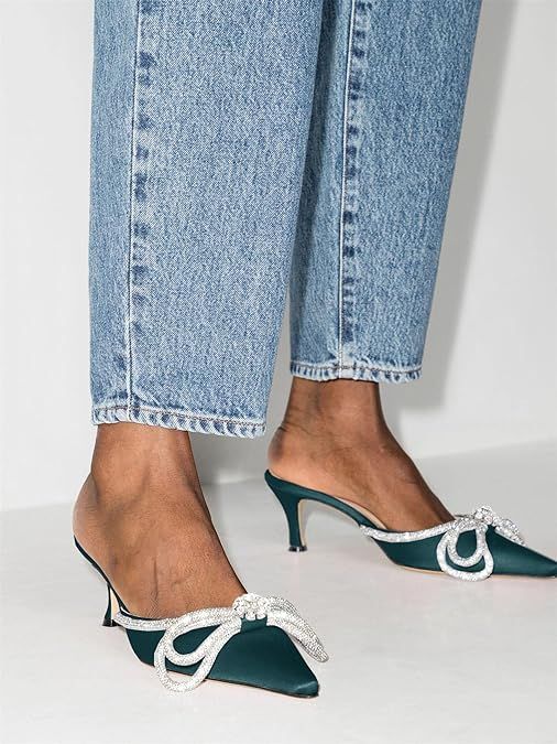 Amazon.com | Women's Closed Pointed Toe Pumps Glitter Rhinestone Backless Heels Bowknot Low Kitte... | Amazon (US)