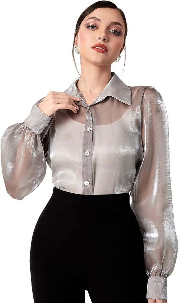 GORGLITTER Women's Lantern Long Sleeve Button Down Shirt Top Metallic Sheer Mesh Collar Blouse | Amazon (US)