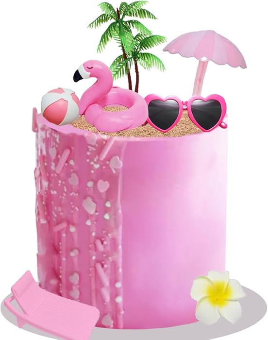 Pink Beach Cake Topper Pool Cake Topper with Beach Ball Flamingo Floats Coconut Tree and Sunglass... | Amazon (US)