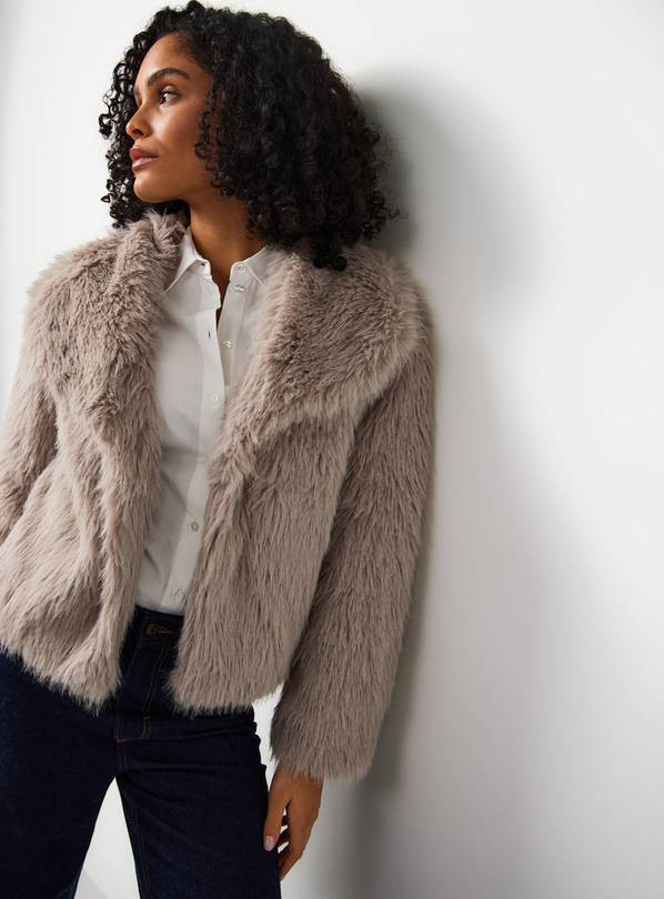 Grey Relaxed Collared Faux Fur Jacket L | Tu Clothing