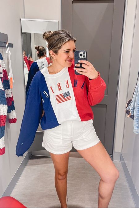 Memorial Day outfit, 4th of July outfit, July fourth, patriotic outfit. Red, white and blue.

America sweatshirt- sized up one for oversized fit
Shorts- sized up one
Sandals- tts
@target @targetstyle #target

#LTKunder100 #LTKunder50