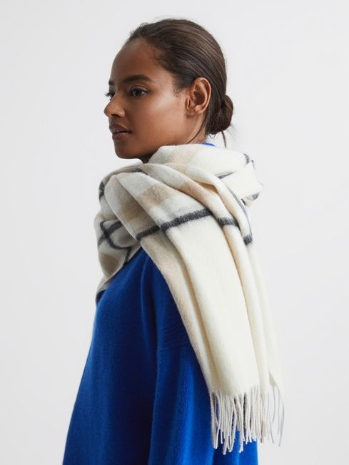 Reiss Neutral Calyn Cashmere Blend Checked Scarf | Reiss US