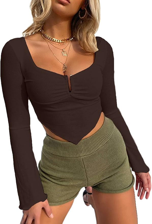 Avanova Women's Long Sleeve Knit Ribbed Crop Top Ruched Front Square Neck Asymmetrical Hem Tees S... | Amazon (US)