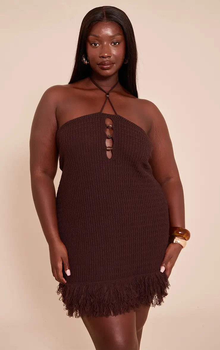 Plus Chocolate Knitted Halterneck Bead Detail Fringe Mini Dress | PrettyLittleThing US