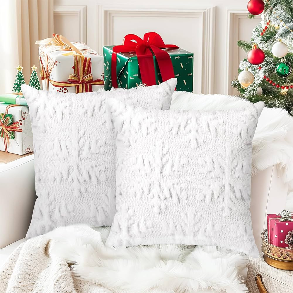 Brightown Christmas Snowflake 18x18 Throw Pillow Covers Set of 2, Soft Fluffy Pillowcases for Hom... | Amazon (US)