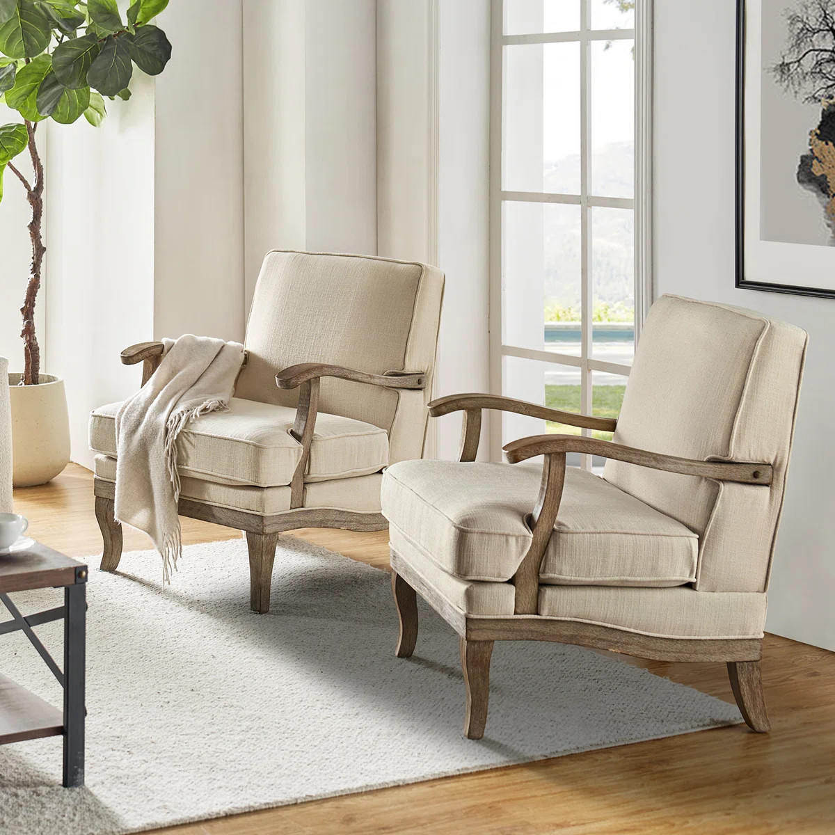 Amilio 28" W Farmhouse Polyester Armchair with Solid Wood Legs (Set of 2) | Wayfair North America
