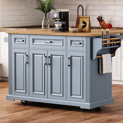 Whisen 54" Kitchen Island with Rubber Wood Drop Leaf, Embossed Texture Kitchen Cart on Wheels with Multiple Storage - Gray | Target