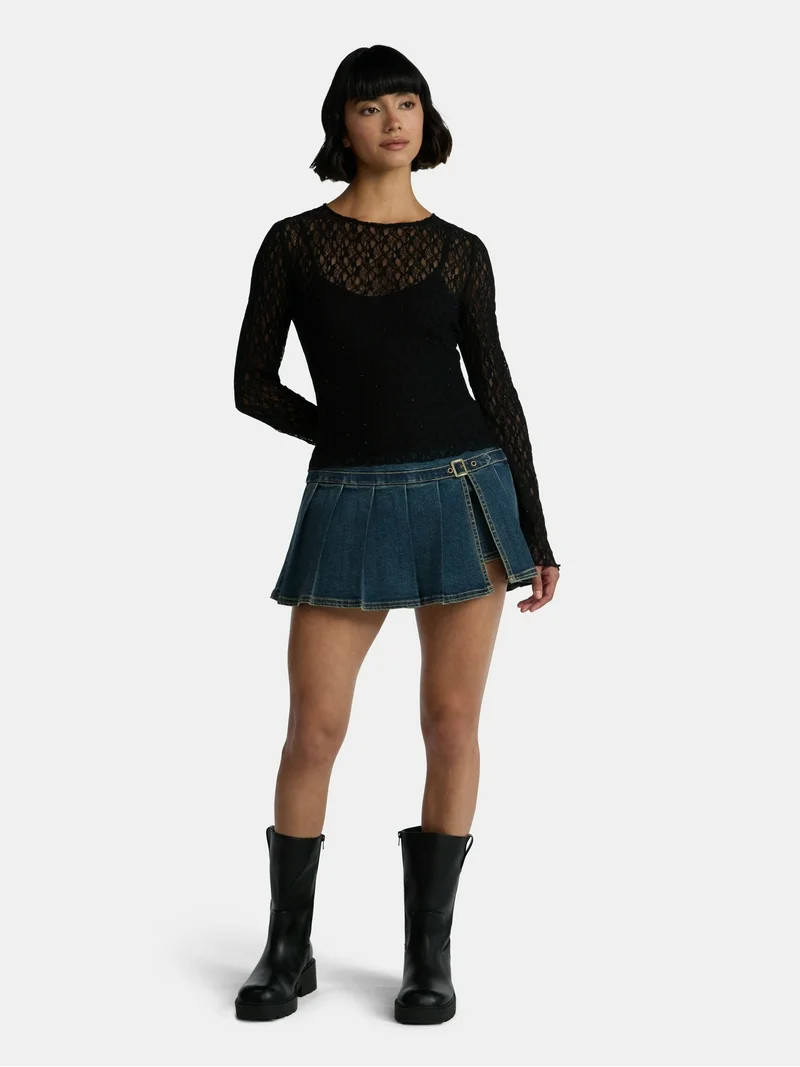 Madden NYC Women’s Lace Rhinestone Top with Long Sleeves, Sizes XXS-XXL | Walmart (US)